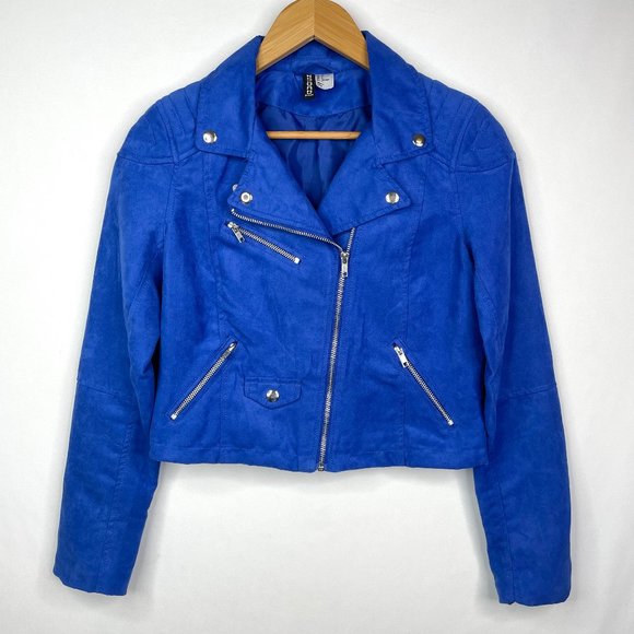 H&M Bold Blue Faux Suede Cropped Moto Jacket 8